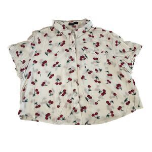 SHEIN Curve Cherry Print Button Down Short Sleeve Crop Shirt Top 1XL